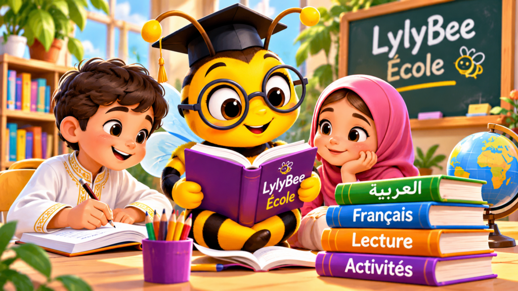Illustration d’une abeille éducatrice accompagnée de deux enfants qui apprennent l’arabe, le français et la lecture chez LylyBee École.